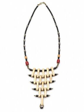 VTG Unusual Onyx & Glass Beaded V-Shaped Necklace 16” Artisan Statement Piece